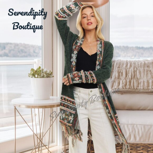ADORA Sweaters - Jade Green Tribal Print Jacquard Knit Fringe Comfy Long Sweater Duster Cardigan